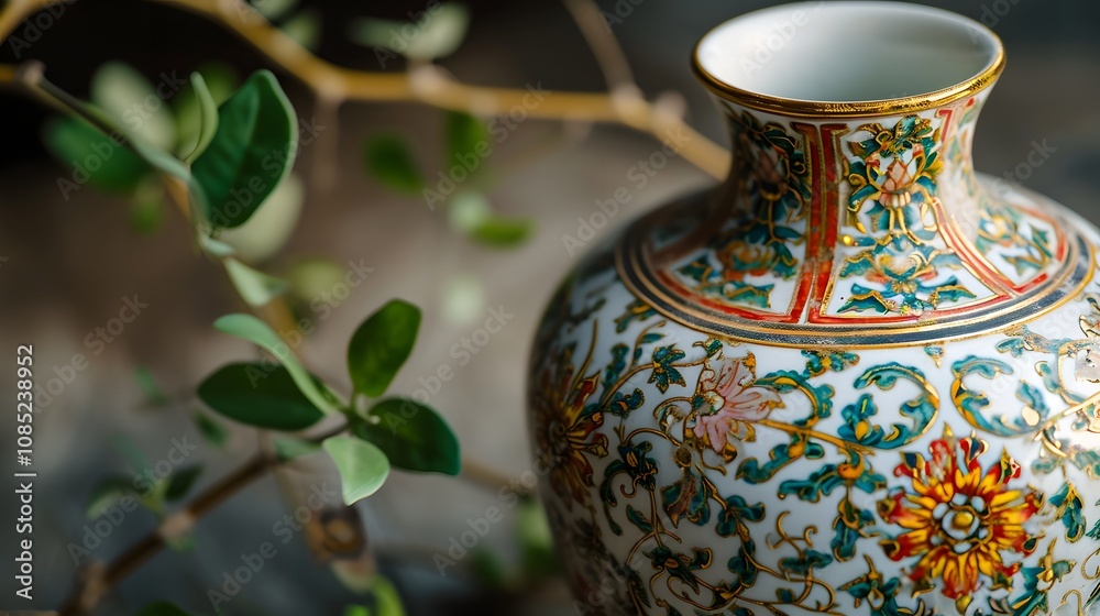 Naklejka premium Close-Up of Ornamental Ceramic Vase with Gold Accents and Intricate Floral Motifs