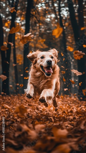 Happy Golden Retriever Running Through Autumn Leaves