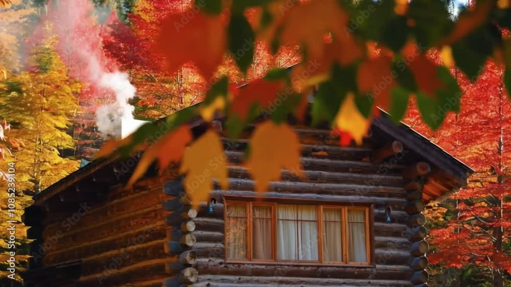 A cozy cabin nestled in the autumn mountains, surrounded by trees with red and orange leaves, with smoke rising from the chimney