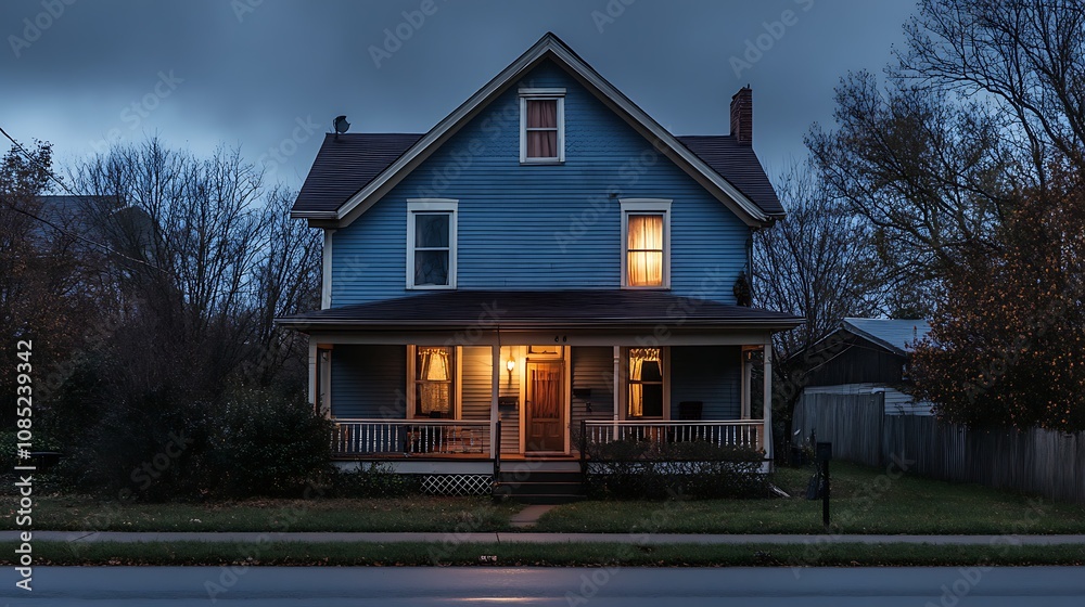 Illuminated Blue House on a Suburban Street at Dusk Illuminated Blue House on a Suburban Street at Dusk