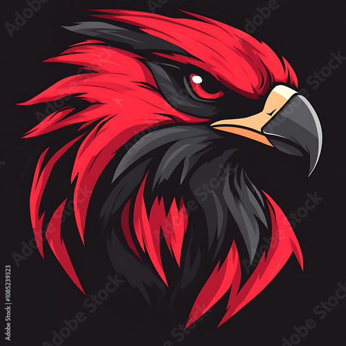 Stylized hawk logo featuring bold red and black colors, showcasing fierce expression and sharp details, perfect for e sports branding photo