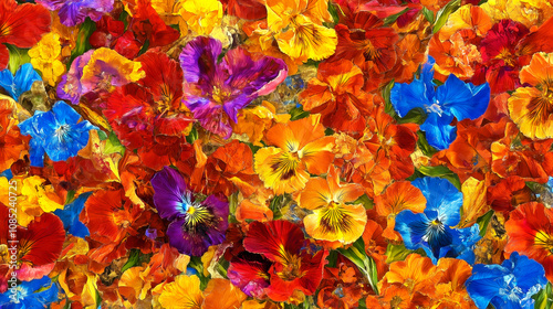 Colorful pansies and irises creating a vibrant floral background