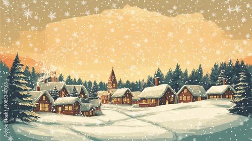 Winter Wonderland: A charming winter scene, a cozy village nestled amidst snow-covered trees and a warm glow emanating from the windows of houses. The falling snow adds to the magical ambiance.