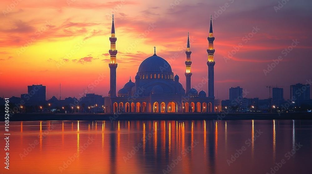 Fototapeta premium Illuminated mosque reflected in calm water at sunset.