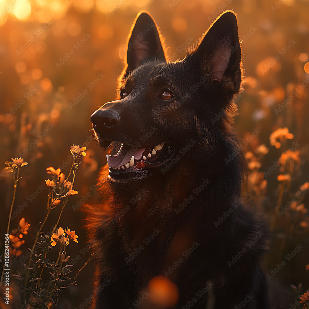 Vibrant portrait of German Shepherd in field of flowers, showcasing its joyful expression against warm sunset backdrop Vibrant portrait of German Shepherd in field of flowers, showcasing its joyful expression against warm sunset backdrop