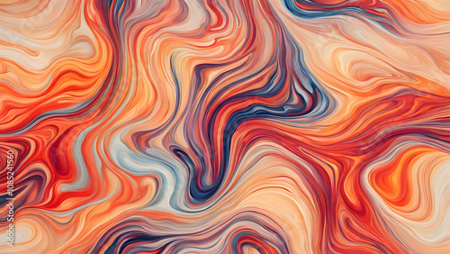 A colorful abstract painting with orange, blue, and white swirls