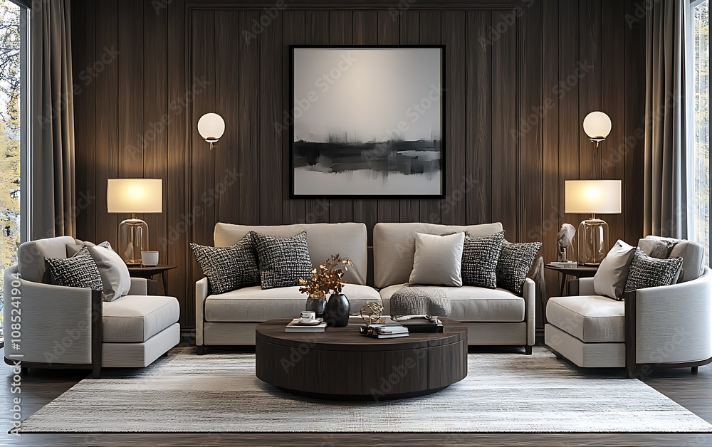 Modern living room with neutral tones and stylish decor. Modern living room with neutral tones and stylish decor.