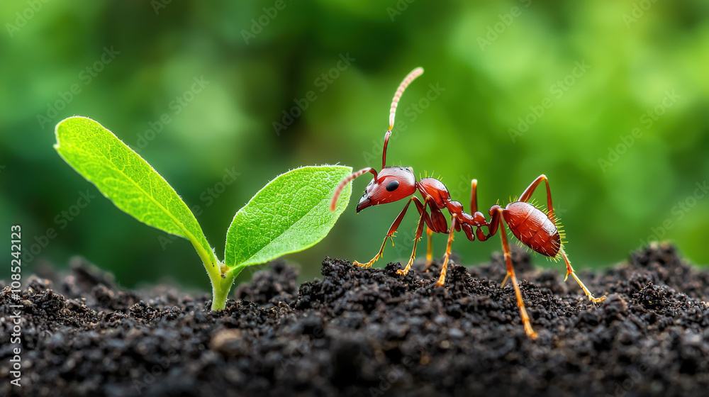 ant carrying leaf to plant in rich soil, showcasing nature teamwork and growth ant carrying leaf to plant in rich soil, showcasing nature teamwork and growth