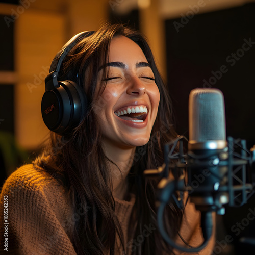 A woman smiles joyfully while recording in a studio, wearing headphones and speaking into a microphone, creating a lively and engaging atmosphere.