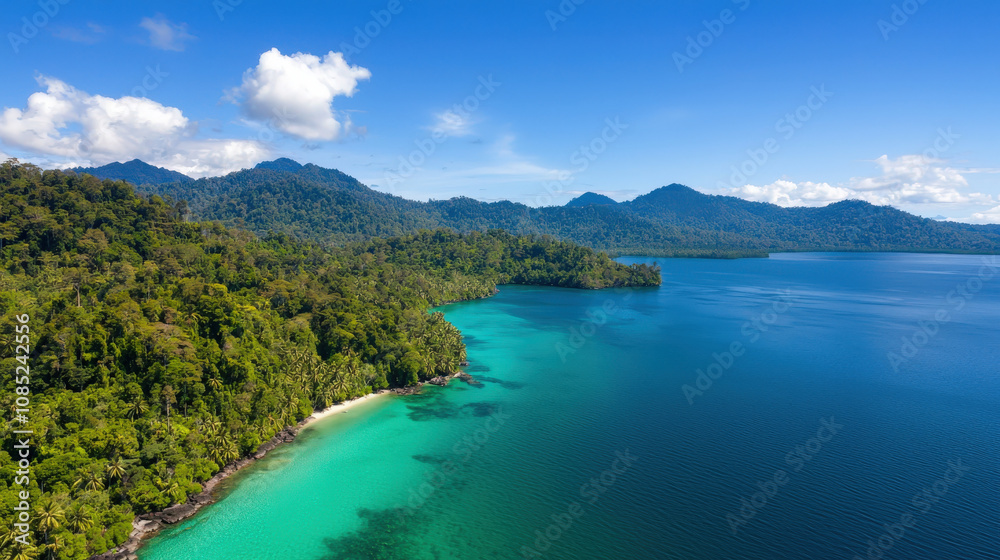stunning aerial view of tropical forest meeting turquoise sea, showcasing lush greenery and serene waters under clear blue sky stunning aerial view of tropical forest meeting turquoise sea, showcasing lush greenery and serene waters under clear blue sky