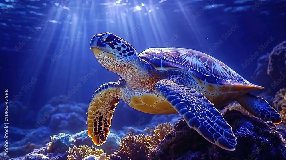Fototapeta premium A vibrant sea turtle swimming gracefully through a coral reef under sunlit waters.