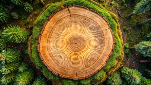 Aerial view of tree rings on tree trunk in forest