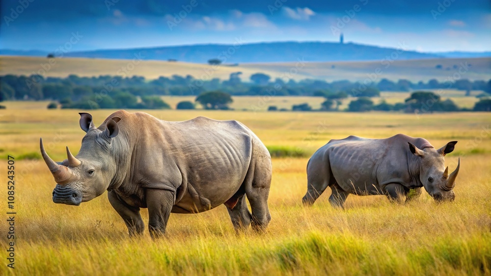 African rhinoceroses Diceros bicornis minor grazing on the Masai Mara savannah with shallow Depth of Field African rhinoceroses Diceros bicornis minor grazing on the Masai Mara savannah with shallow Depth of Field