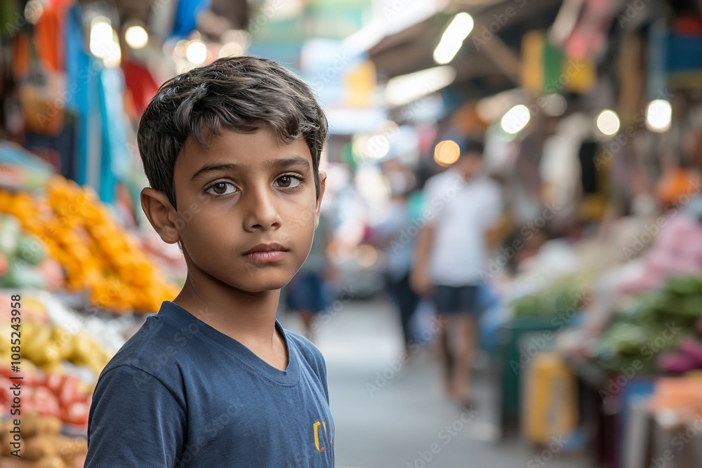 A Young Boy in a Vibrant Market: Captivating Expressions Amidst Colorful Produce A Young Boy in a Vibrant Market: Captivating Expressions Amidst Colorful Produce