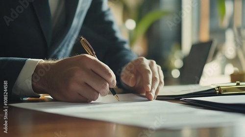 Close-Up of Professional Businessman Signing Legal Document with Fountain Pen on Desk Surrounded by Office Supplies and Green Plants