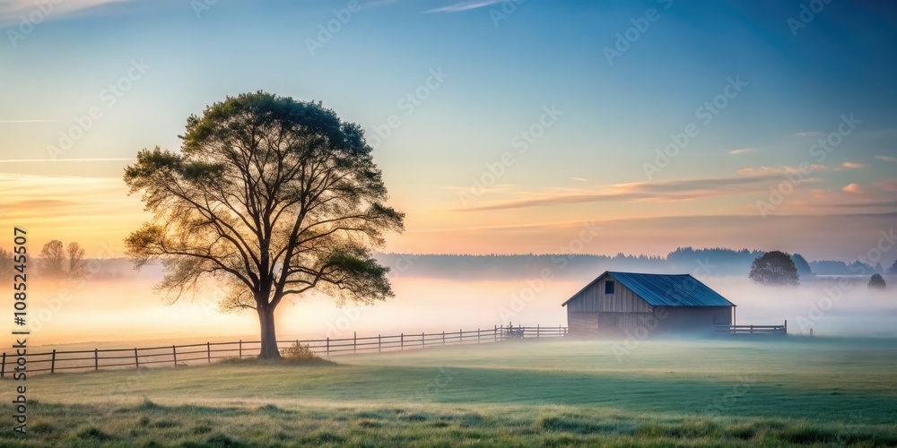 Naklejka premium Serene Farm Landscape: Foggy Morning with a Majestic Tree in a Lush Field, Capturing the Tranquility of Nature and Architectural Elements of Rural Life