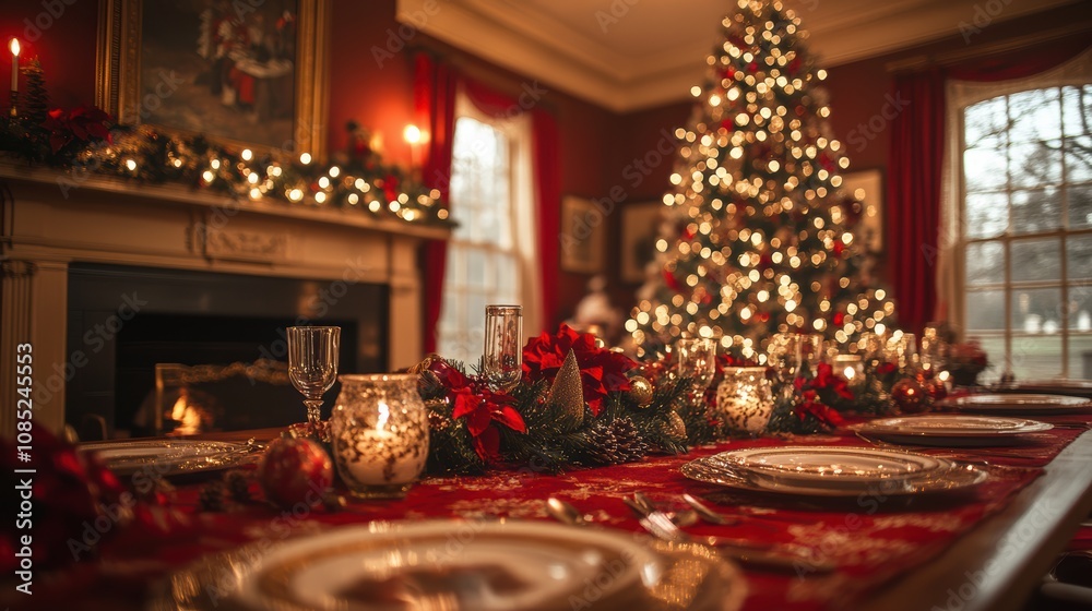 Warmly lit holiday table with fireplace and christmas tree Warmly lit holiday table with fireplace and christmas tree