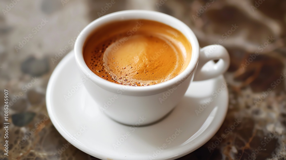 A cup of coffee with a thick layer of crema on top, sitting on a white saucer. A cup of coffee with a thick layer of crema on top, sitting on a white saucer.