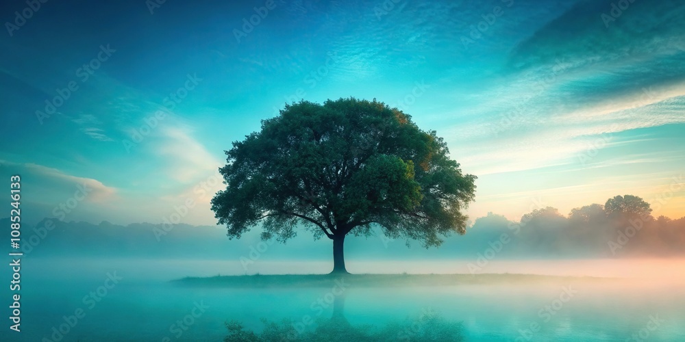 Obraz premium A majestic tree standing alone on a misty morning with teal tones in the background, landscape, nature