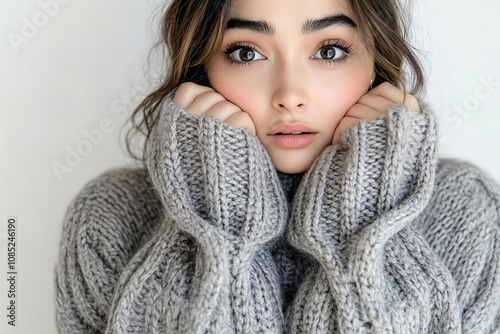 Portrait of a young woman in a cozy sweater showcasing a genuine moment of surprise, with her eyes wide and mouth open, creating a compelling and emotional image perfect for storytelling and lifestyle