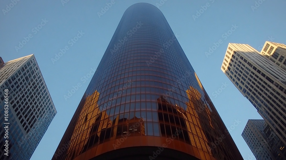 A towering skyscraper reflecting the sky and surrounding buildings in an urban environment. A towering skyscraper reflecting the sky and surrounding buildings in an urban environment.