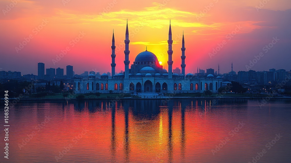 Naklejka premium Majestic mosque reflected in calm water at sunset.