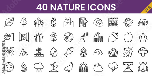 Nature icons set, vector, in line style, for sustainability, nature, garden, global warming, go green, etc.