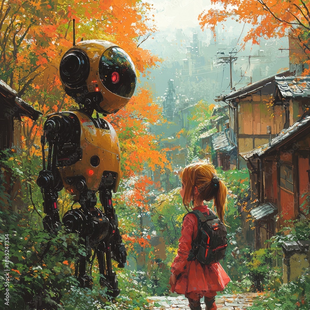Autumn Encounter Between Girl and Mysterious Robot in Rustic Village Autumn Encounter Between Girl and Mysterious Robot in Rustic Village