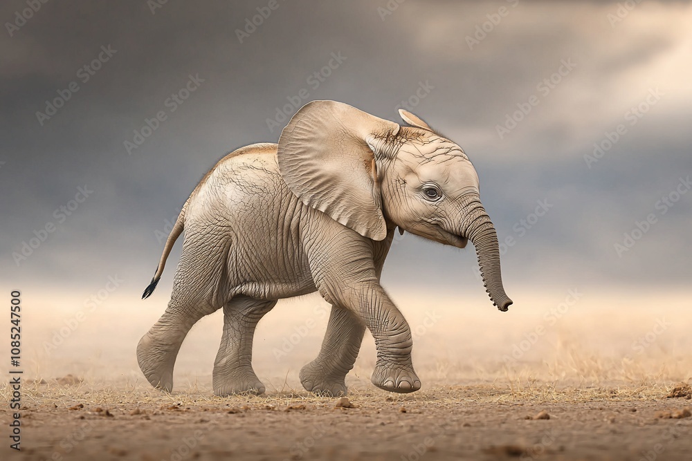 Fototapeta premium Playful Young Elephant Trotting in a Serene Landscape
