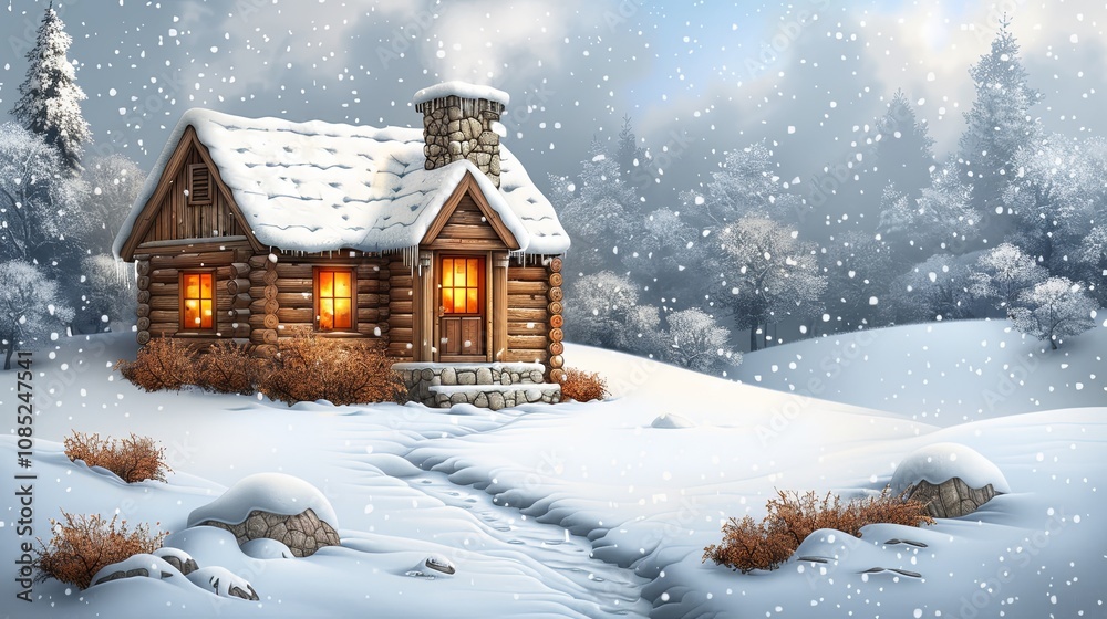 Cozy cabin in the woods, smoke rising from the chimney on a winter day Cozy cabin in the woods, smoke rising from the chimney on a winter day