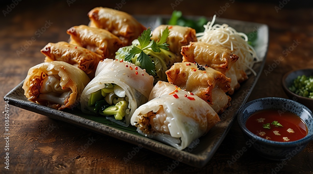 selection of asian food- spring roll, samosa, fried noodles, soup, rice and dumpling selection of asian food- spring roll, samosa, fried noodles, soup, rice and dumpling