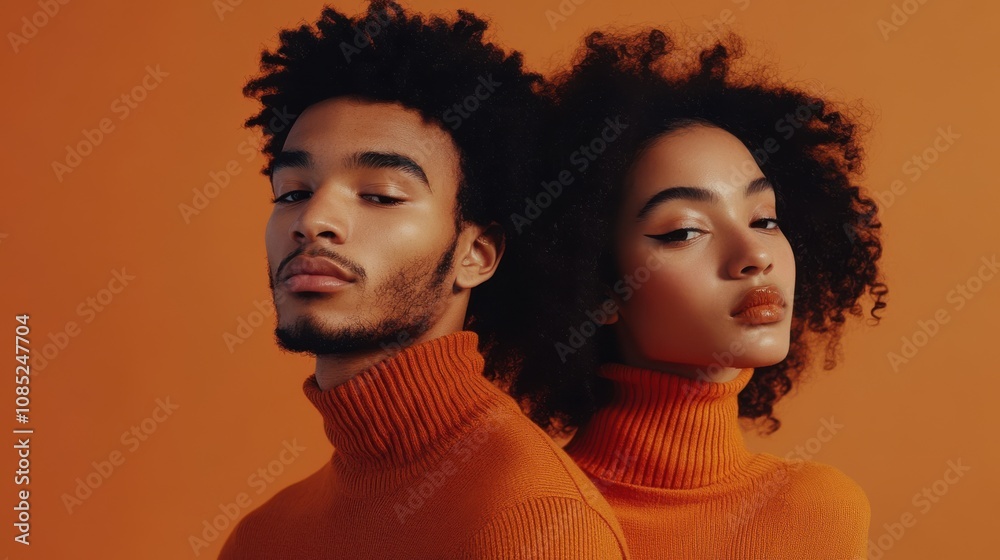 Stylish Couple with Curly Hair in Orange Turtlenecks Stylish Couple with Curly Hair in Orange Turtlenecks