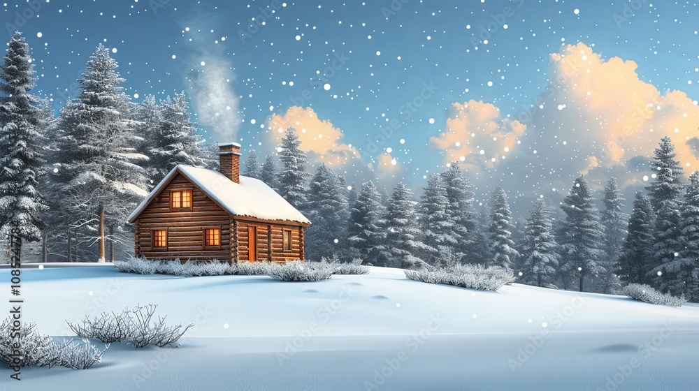 Cozy cabin in the woods, smoke rising from the chimney on a winter day Cozy cabin in the woods, smoke rising from the chimney on a winter day