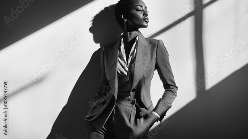 Elegant Woman in Striped Suit Posing in Shadow photo