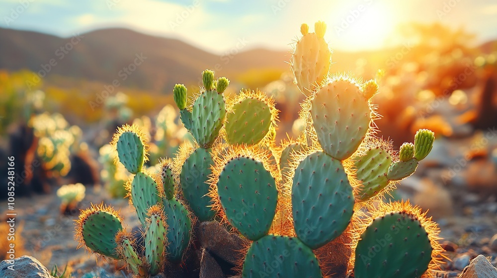 A vibrant cactus landscape illuminated by sunset, showcasing nature's beauty.