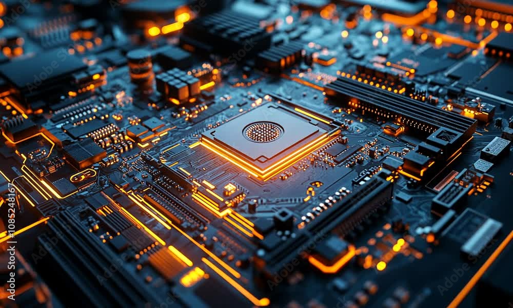 Close-up of a Computer Motherboard with Glowing Orange Circuits Close-up of a Computer Motherboard with Glowing Orange Circuits