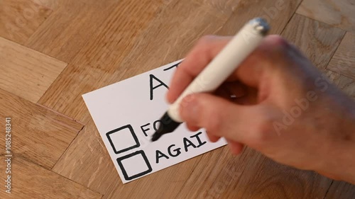 human hand with pen casts negative vote on popular trending topic AI Artificial Intelligence. Public opinion varies on computer automation and ethics. people resist modern technology