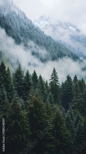 Misty mountain landscape with towering coniferous trees and snow-capped peaks, scenic view.