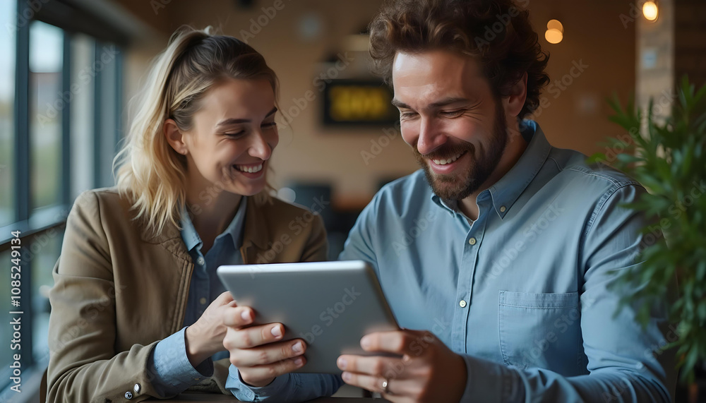Candid image of man and woman enjoying tablet together in cozy cafe, sharing smiles and laughter. warm atmosphere enhances their joyful interaction Candid image of man and woman enjoying tablet together in cozy cafe, sharing smiles and laughter. warm atmosphere enhances their joyful interaction