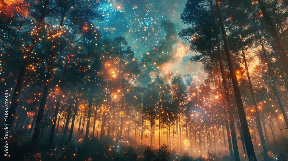 Naklejka premium A dreamy forest scene with a magical, colorful sky filled with twinkling lights and a warm glow.