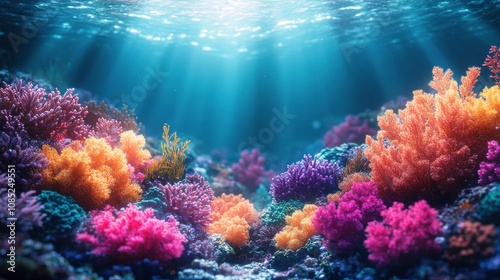 Vibrant Underwater Scene Featuring Colorful Coral Reefs with Sunlight Filtering Through Clear Ocean Water Creating a Stunning Marine Habitat