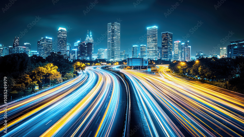 Fototapeta premium Nighttime cityscape with glowing windows