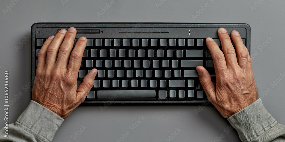 top view elder person hands are typing on a black keyboard business office top view elder person hands are typing on a black keyboard business office