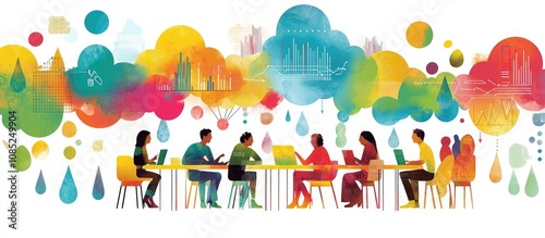 A vibrant illustration of diverse people sitting around an office table, engaged in conversation and discussing digital marketing