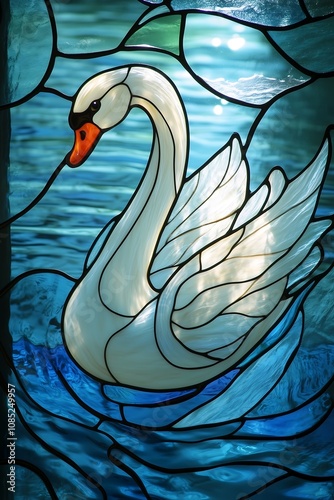Fototapeta Naklejka Na Ścianę i Meble -  Elegant white swan in stained glass, surrounded by tranquil blue waters.