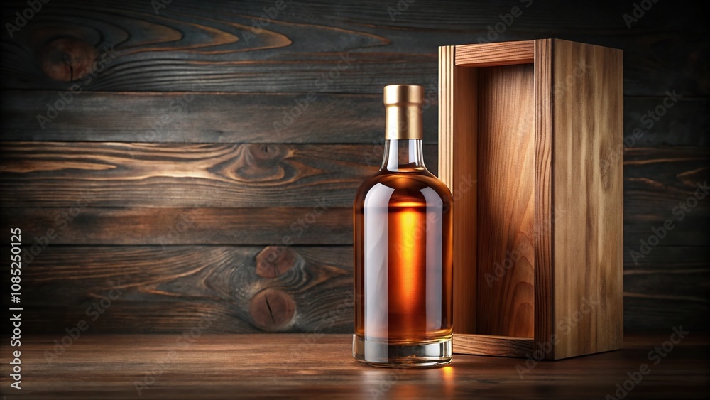 A sleek, modern whiskey bottle with a copper label and a minimalist wooden box nearby, luxury, whiskey, product, metal, design