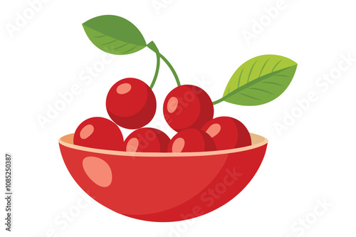 3d red cherry with leaves vector illustration with white background