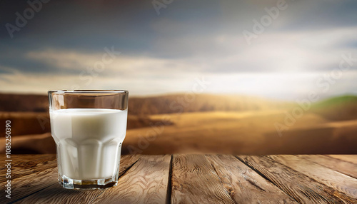 Glass of white milk on wooden background with copy space photo