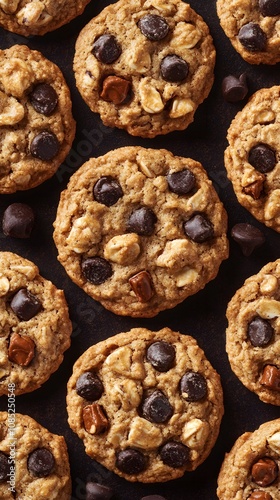 Freshly baked oatmeal chocolate chip cookies on a dark tray.