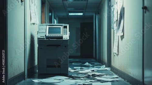 Discarded Documents and a Copier in an Empty Office Hallway